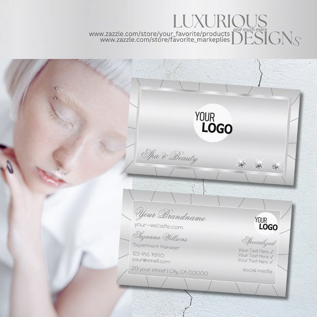 Carte De Visite Argent clair avec diamants et logo Luxe élégant (Créateur téléchargé)