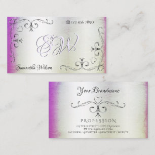 Carte De Visite Argent Coins Ornat Initiales violet rose brillant