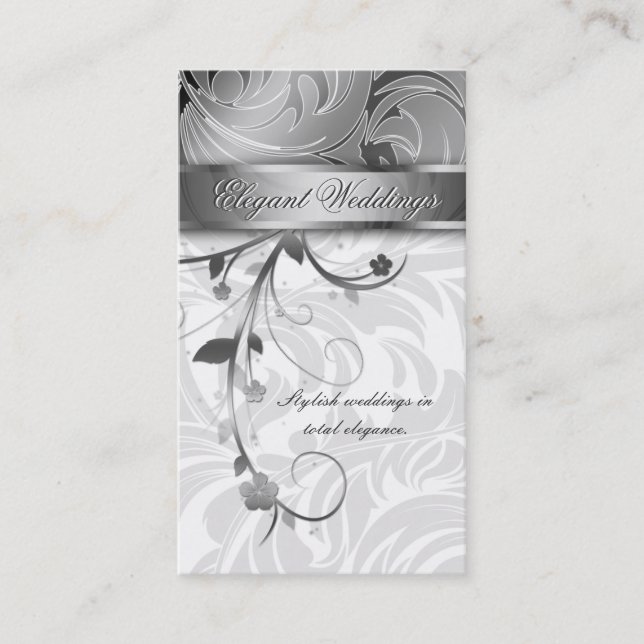 Carte De Visite Argent élégant de feuille florale de wedding (Devant)