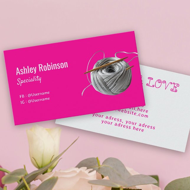 Carte De Visite Argent fil crochet crochet fait main avec amour ro (Silver yarn crochet hook handmade with love pink business card)