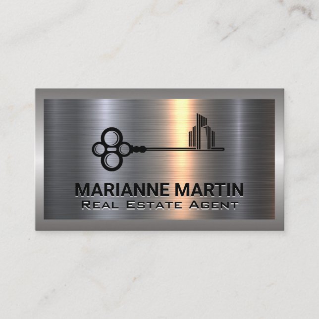 Carte De Visite Argent métallique en aluminium brossé | Logo clé d (Devant)