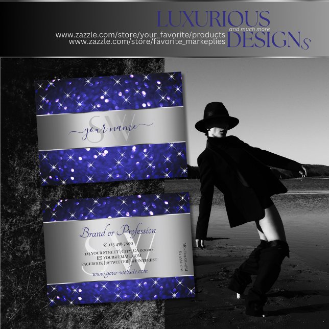 Carte De Visite Argent Royal Blue Parties scintillant Étoiles Étoi (Créateur téléchargé)