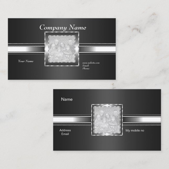 Carte de visite Argent sur Gris Noir Ajouter Logo  (Devant / Derrière)