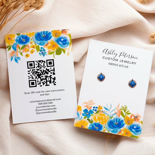 Carte De Visite Armoire d'oreille à bijoux fleuris jaune bleu (Blue yellow floral boho jewelry earring display business card)