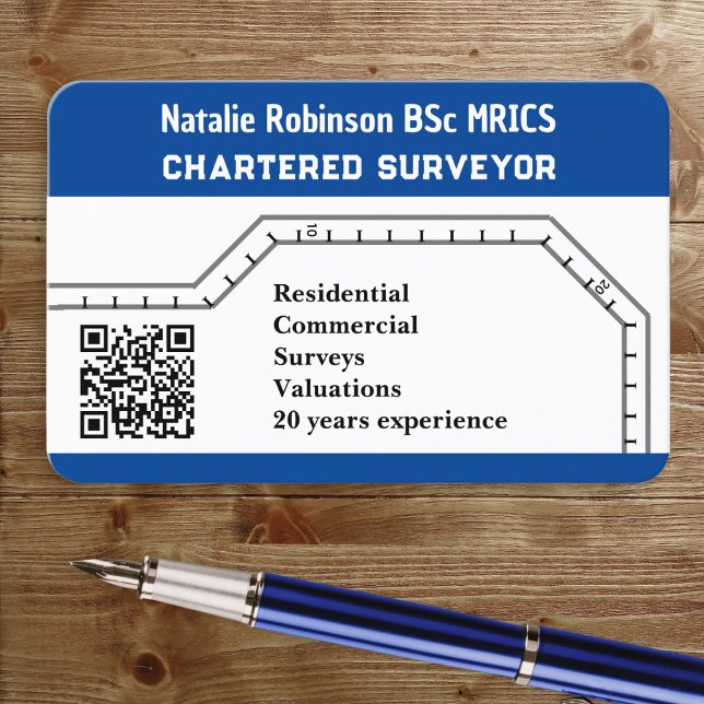 Carte De Visite Arpenteur agréé QR Code Modèle moderne (A custom business card for a Chartered Surveyor, to customize with your info and URL for the QR code)