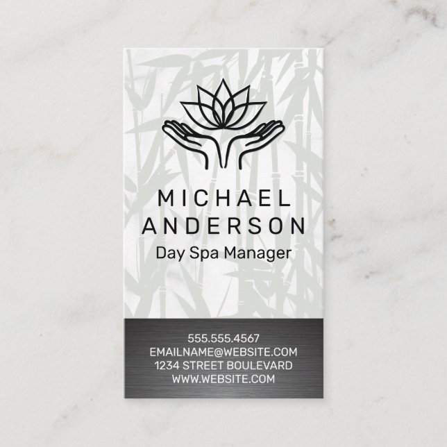 Carte De Visite Arrière - plan bambou | Icône Lotus des mains de g (Devant)