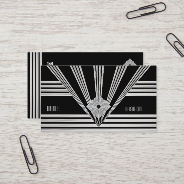 Carte de visite Art Déco Bijou Noir Rayure Argent (Devant/Arrière en situation)