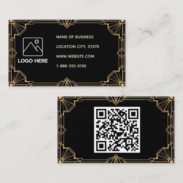Carte de visite Art Déco Code QR Or Noir (Devant / Derrière)