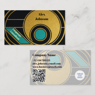 Carte De Visite Art Déco Gold Turquoise Corporate Consultant QR LO