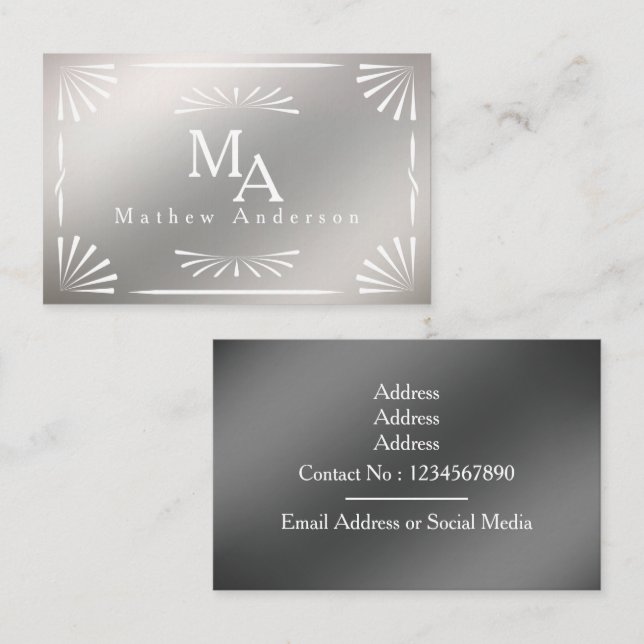Carte De Visite Art Déco Monogram Silver Personal (Devant / Derrière)