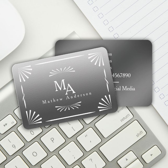 Carte De Visite Art Déco Monogram Silver Personal (Chic stylish art deco silver monogram business card.)