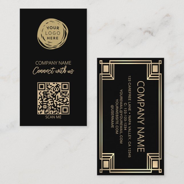 Carte De Visite Art Deco QR Code Business Logo (Devant / Derrière)