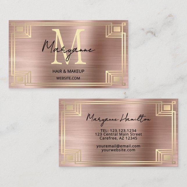 Carte De Visite Art Deco Rose Gold Monogram (Devant / Derrière)