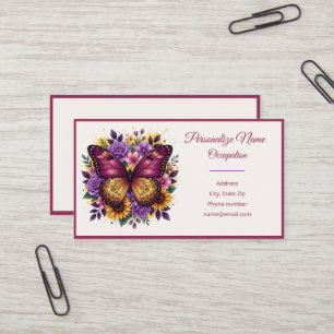 Carte De Visite Art floral papillon violet et or élégant