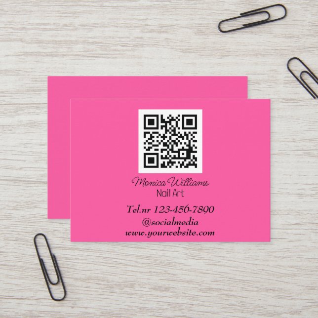 Carte De Visite Art Nail Féminin QR Code Scannable Neon rose (Devant/Arrière en situation)