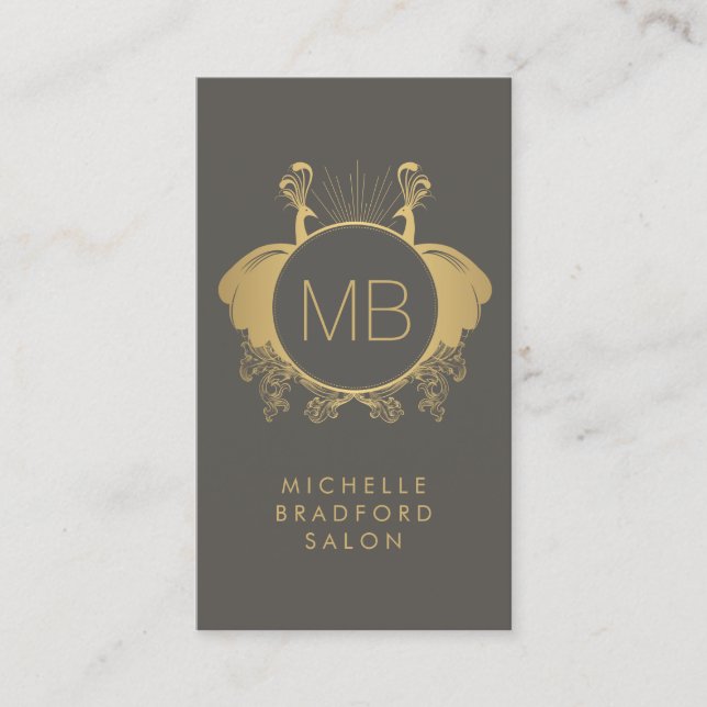 Carte De Visite Art Nouveau Peacocs Monogramme Logo Or/Gris (Devant)