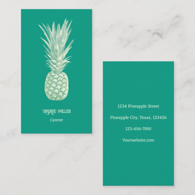 Carte De Visite Art Tropical Elegant Turquoise Beige Ananas (Devant / Derrière)
