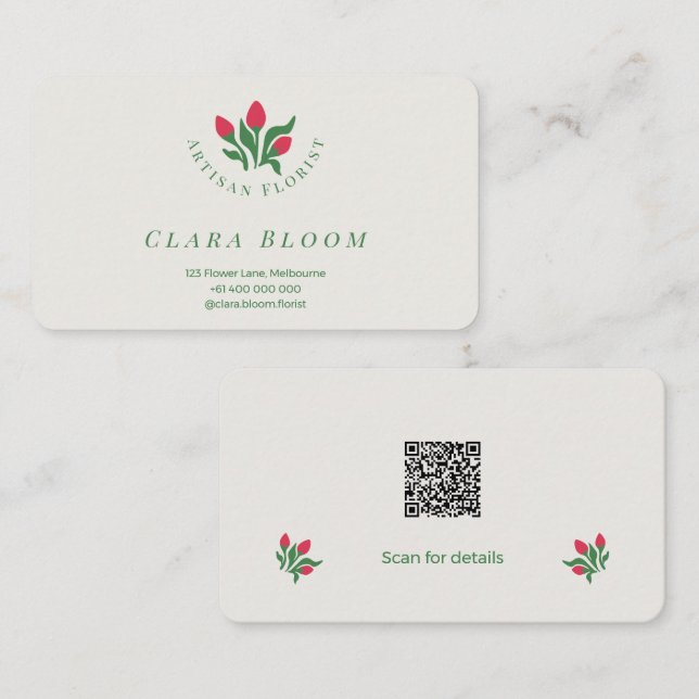 Carte De Visite Artisan Florist Minimalist Botanical QR Code (Devant / Derrière)