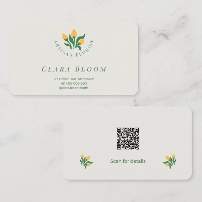 Carte De Visite Artisan Florist Minimalist Botanical QR Code (Devant / Derrière)