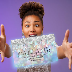 Carte De Visite Artiste à ongles Holographie Bleue Diamant Argent