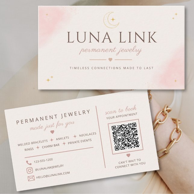 Carte De Visite Artiste de Bijoux Permanents Modern Blush Code QR (Créateur téléchargé)