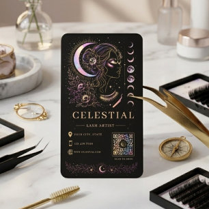 Carte De Visite Artiste de Cils Céleste Luxe Noir Or QR Beauté