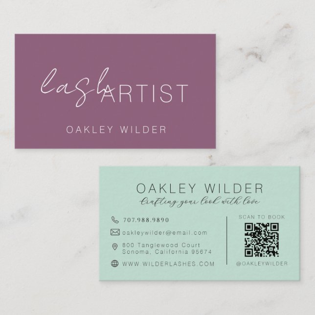 Carte De Visite Artiste de Cils Moderne Code QR Script Vert Prune (Devant / Derrière)