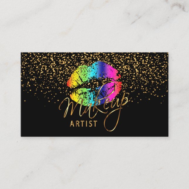 Carte De Visite Artiste de maquillage avec Gold Confetti & Rainbow (Devant)