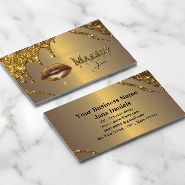 Carte De Visite Artiste De Maquillage Avec Lèvres À Déchets D'Or (#makeupartistcard#goldbusinesscard#glitterdesign#luxurybusinesscard#makeupbrand#beautybranding
)