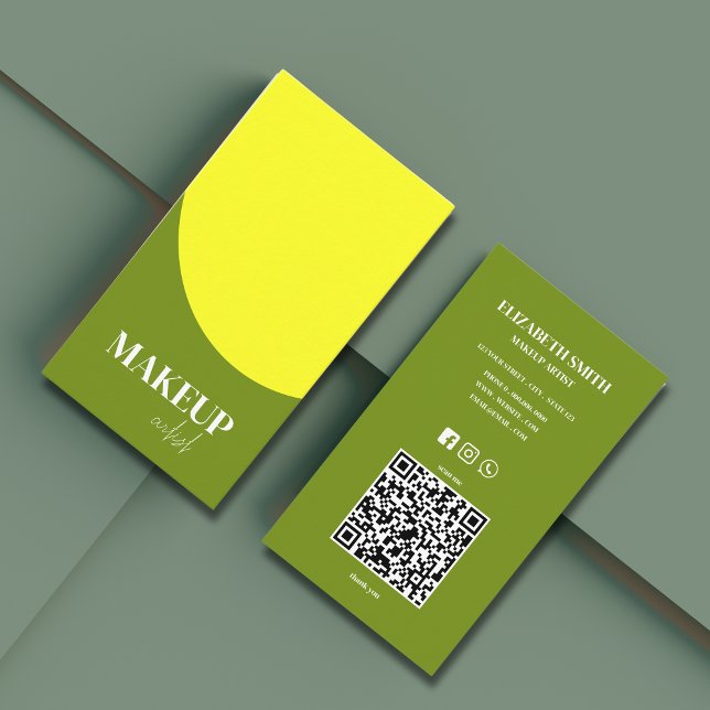 Carte De Visite Artiste de Maquillage Code QR Jaune & Vert Moderne (Créateur téléchargé)