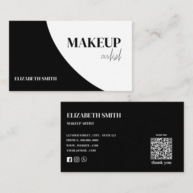 Carte De Visite Artiste de maquillage code QR noir et blanc élégan (Devant / Derrière)