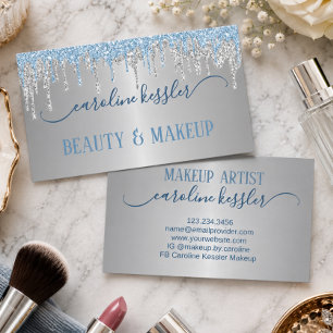 Carte De Visite Artiste de Maquillage & Coiffeur Luxe Bleu Argent