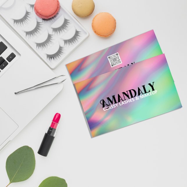 Carte De Visite Artiste de maquillage holographique Eyelash QR LOG (Holographic Makeup Artist Eyelash QR LOGO Gold Business Card)