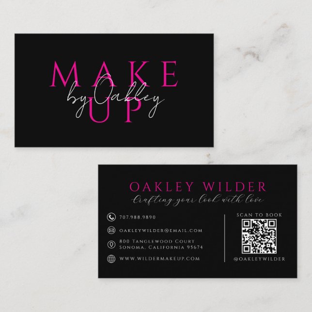 Carte De Visite Artiste de Maquillage Moderne Code QR Rose Noir  (Devant / Derrière)