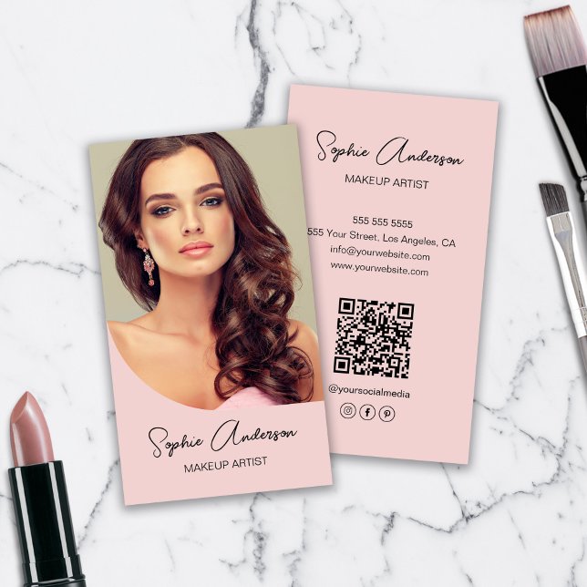 Carte De Visite Artiste de maquillage moderne photo rose (Modern Makeup Artist Photo Pink Business Card)