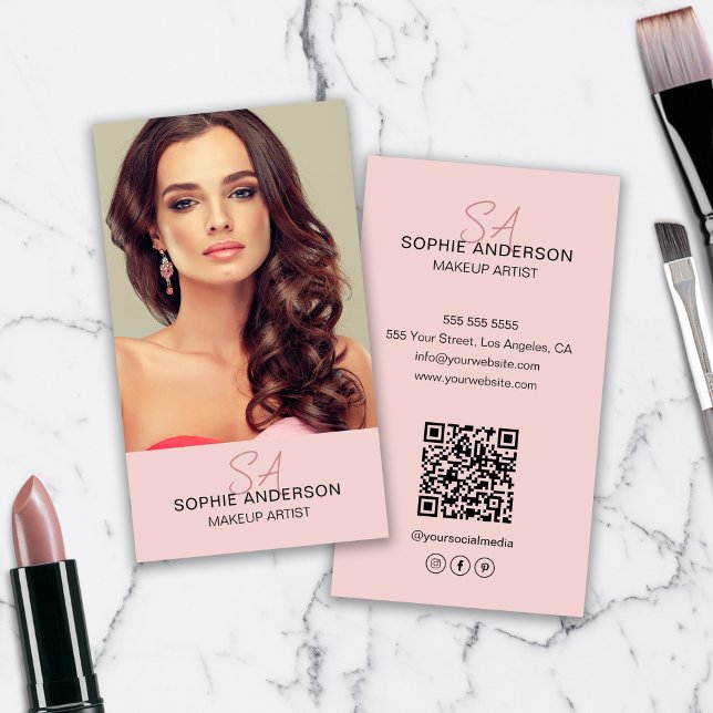 Carte De Visite Artiste de maquillage Monogramme moderne Photo ros (Modern Monogram Makeup Artist Photo Pink Business Card)