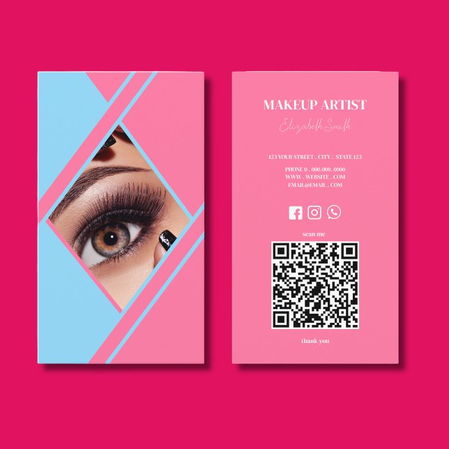 Carte De Visite Artiste de Maquillage photo Code QR Bleu & Rose Ch (Créateur téléchargé)