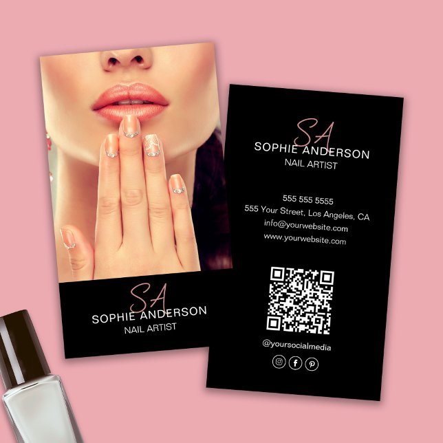 Carte De Visite Artiste de ongle Monogramme moderne Noir (Modern Monogram Nail Artist Black Business Card)