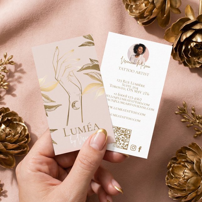 Carte De Visite Artiste de studio de tatouage chic luxe rose doré (Chic Luxury Blush Pink Gold Tattoo Studio Artist Business Card)