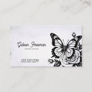Carte De Visite Artiste de tatouage à papillon noir et blanc vinta