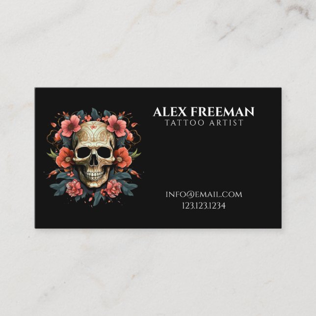 Carte De Visite Artiste de tatouage au crâne bleu et blanc foncé (Devant)