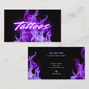 Carte De Visite Artiste de tatouage aux flammes néon violet modern