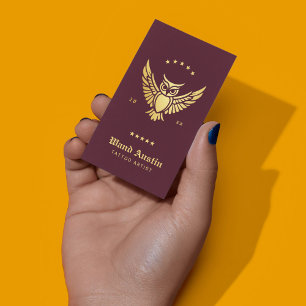 Carte De Visite Artiste De Tatouage De Chouette Bourgogne Et D'Or