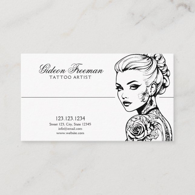 Carte De Visite Artiste de tatouage Lady noir et blanc élégant (Devant)