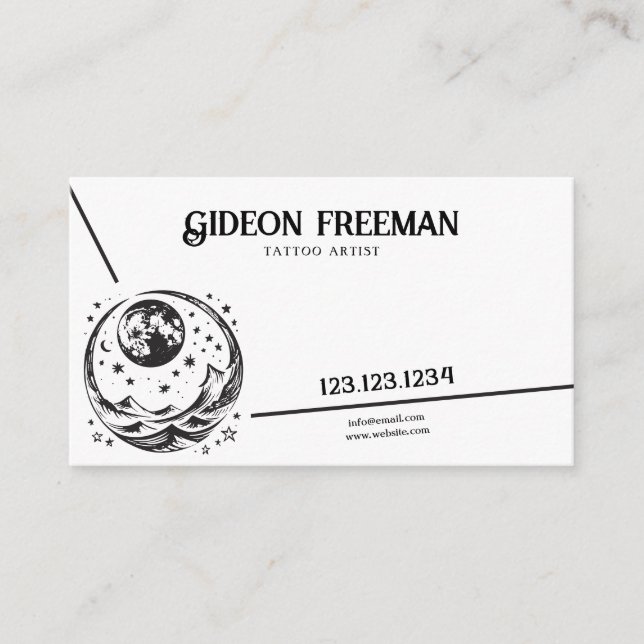 Carte De Visite Artiste de tatouage moderne Black & White Moon Sta (Devant)