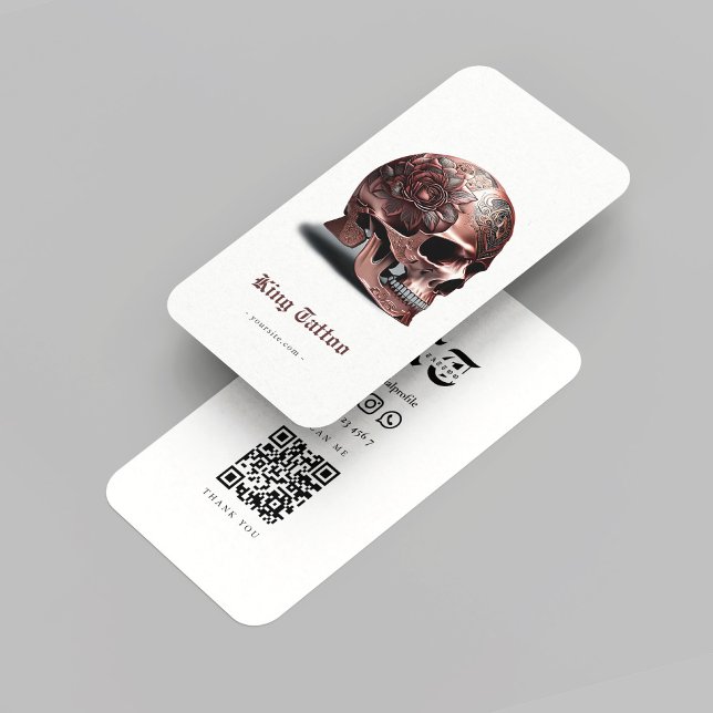 Carte De Visite Artiste de tatouage moderne Rosegold Crâne Qr Code (Modern Tattoo Artist Rosegold Skull Qr Code White Business Card
)