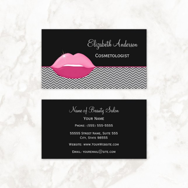 Carte De Visite Artiste en Maquillage aux Lèvres Roses (Girly Pink Lips Chevron Cosmetologist Business Cards)