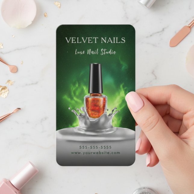 Carte De Visite Artiste Manucure Moderne Ongles Vert Foncé Orange (Créateur téléchargé)