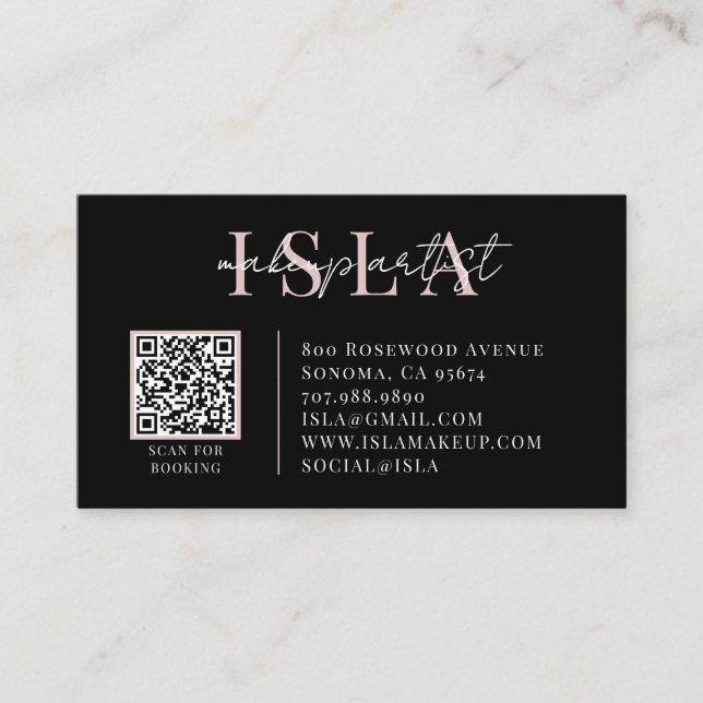 Carte De Visite Artiste Maquillage Code QR Rose Noir (Devant)