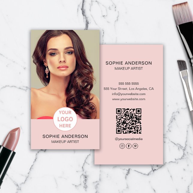 Carte De Visite Artiste maquillage Logo personnalisé Photo rose (Makeup Artist Custom Logo Photo Pink Business Card)